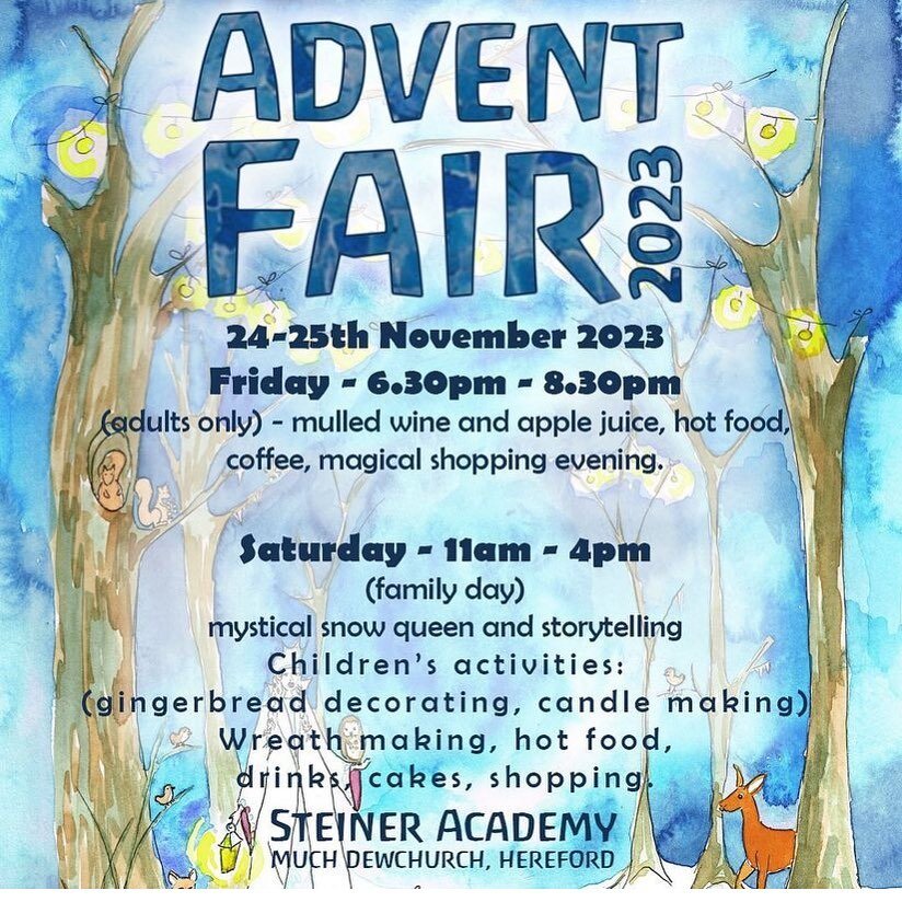 Looking forward to having my stall at The Advent Fair, Steiner Academy Hereford @steineracademyevents a magical place very close to my heart. 
Come along Friday night 6.30- 8.30 (adults only) for Christmas shopping and mulled wine, or Saturday for a 