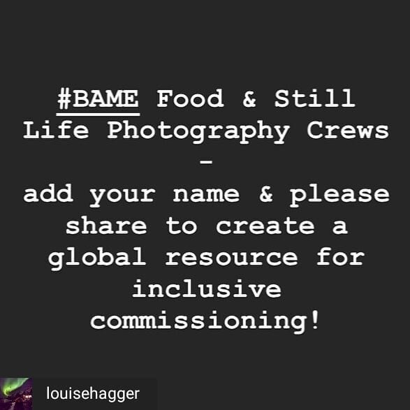 Reposted from @louisehagger #BAME UK based Food &amp; Still Life Photography Crews - add your name and please share to create a global resource for inclusive commissioning! ⁣
⁣
📣 LINKS IN @louisehagger BIO 📣⁣
⁣
The list includes BAME Food &amp; Sti