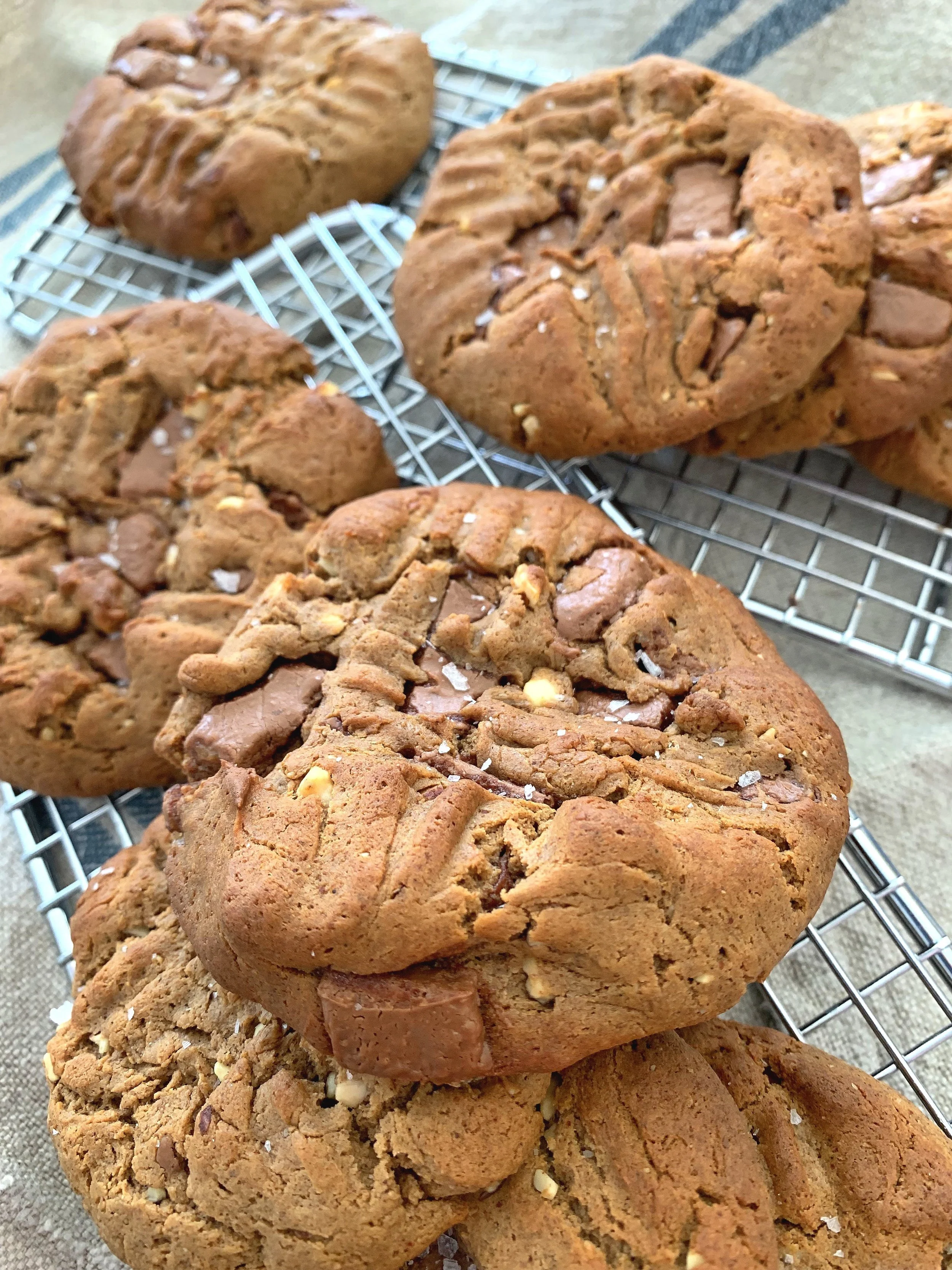 Almond Butter Chocolate Chunk Protein Cookies made with milk chocolate chunks