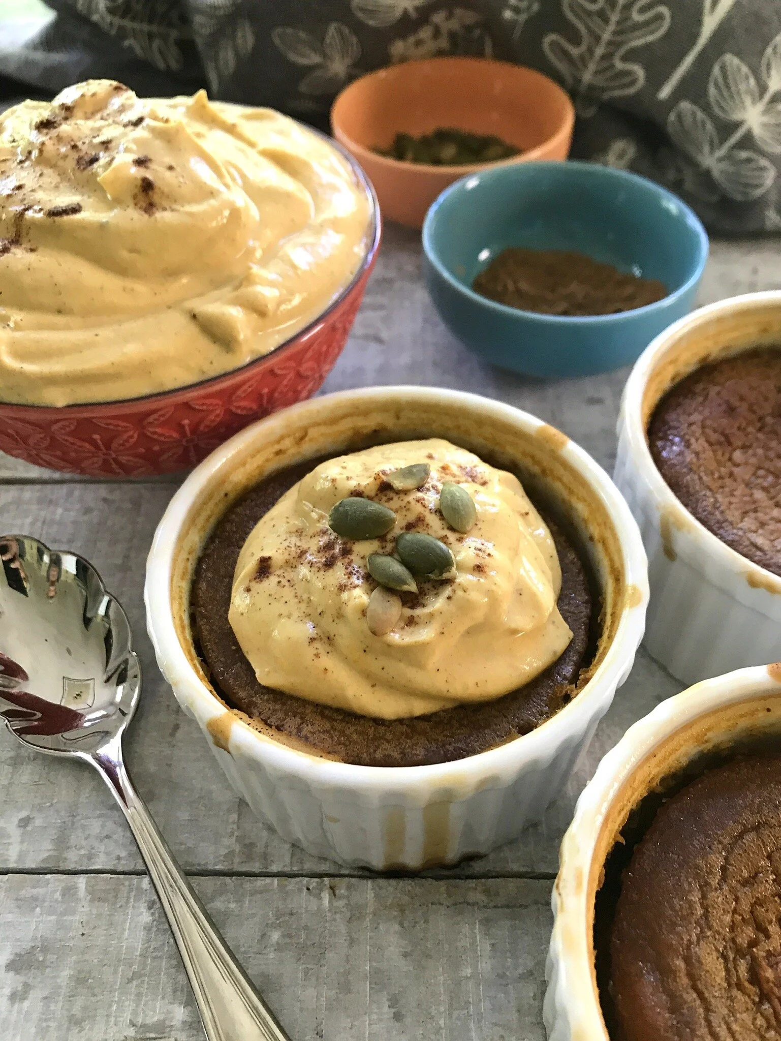 Pumpkin Custard topped with Pumpkin Protein Yogurt, pumpkin pie spice, and toasted pumpkin seeds.