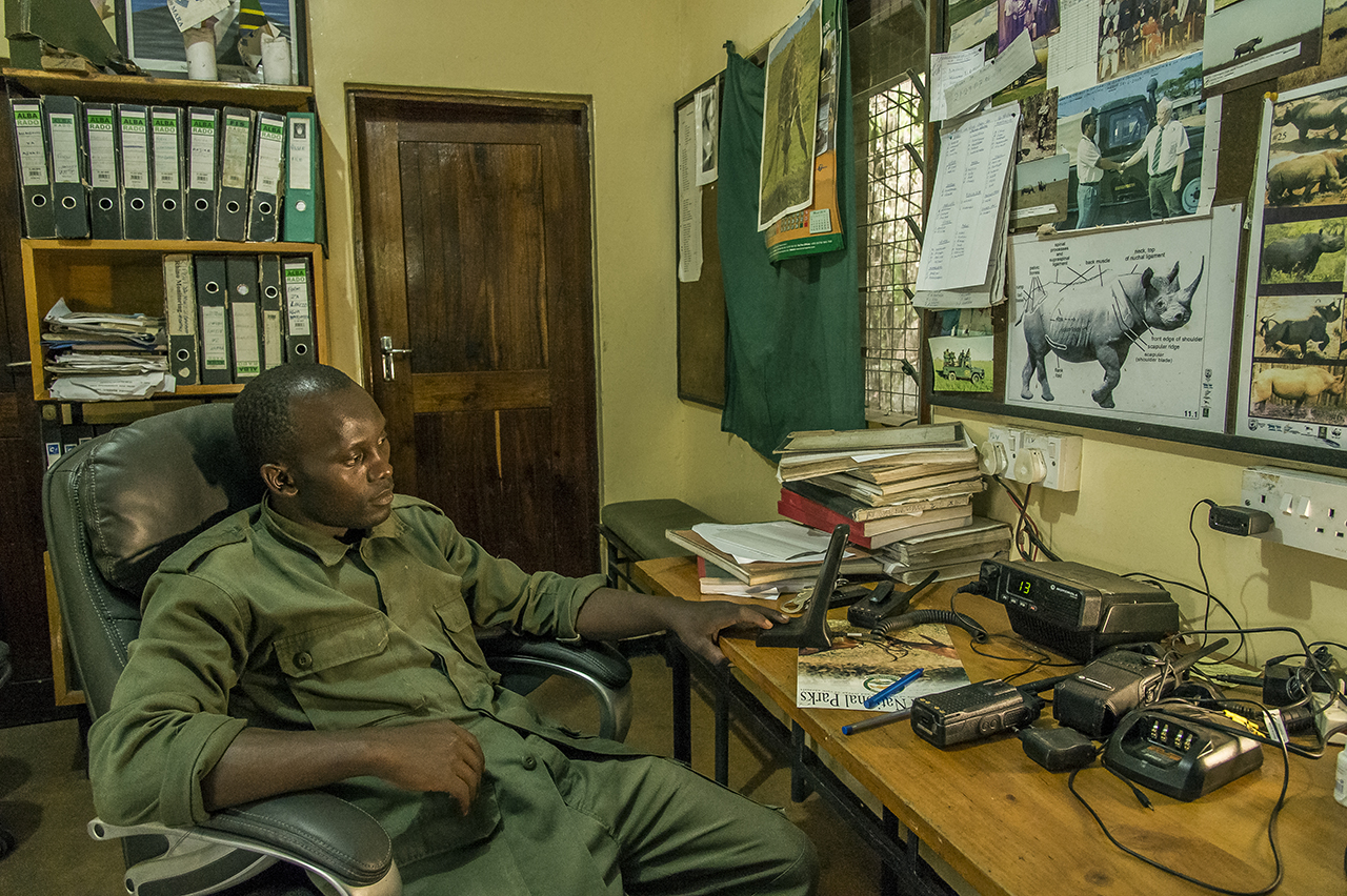 TANAPA (Tanzania National Parks) rangers' guard station in Moru, southern Seregenti. Ngoti, chief of rangers on standby in the radio room. 52 rangers control an area of ,000 square kilometers to protect the last 30 black rhinoceros in the south of t