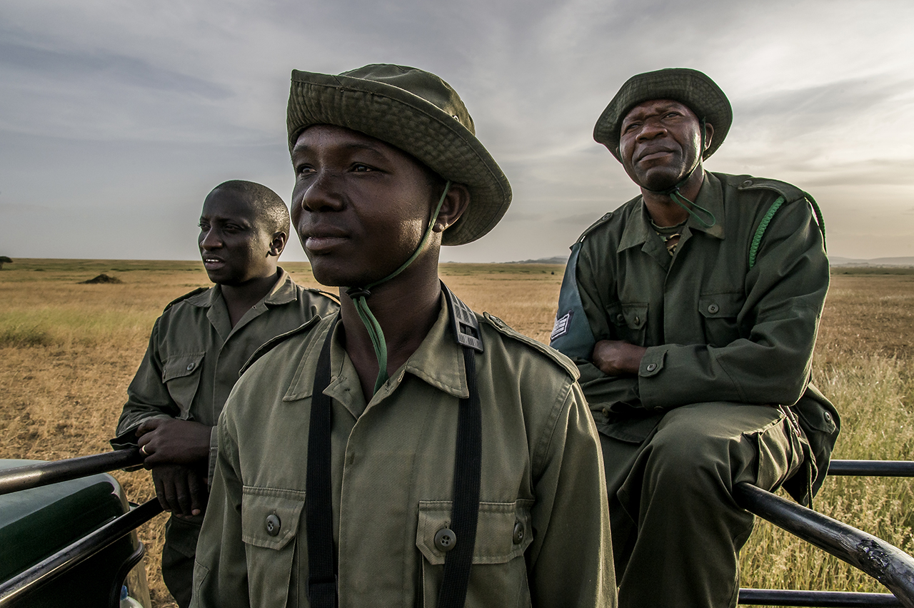 A group of rangers of the TANAPA anti-poaching unit (Tanzania National Parks) in the Moru region in southern Seregenti, remotely monitors a rhinoceros standing at the back of their pickup from Moru headquarters. 52 rangers control an area of ,000 sq