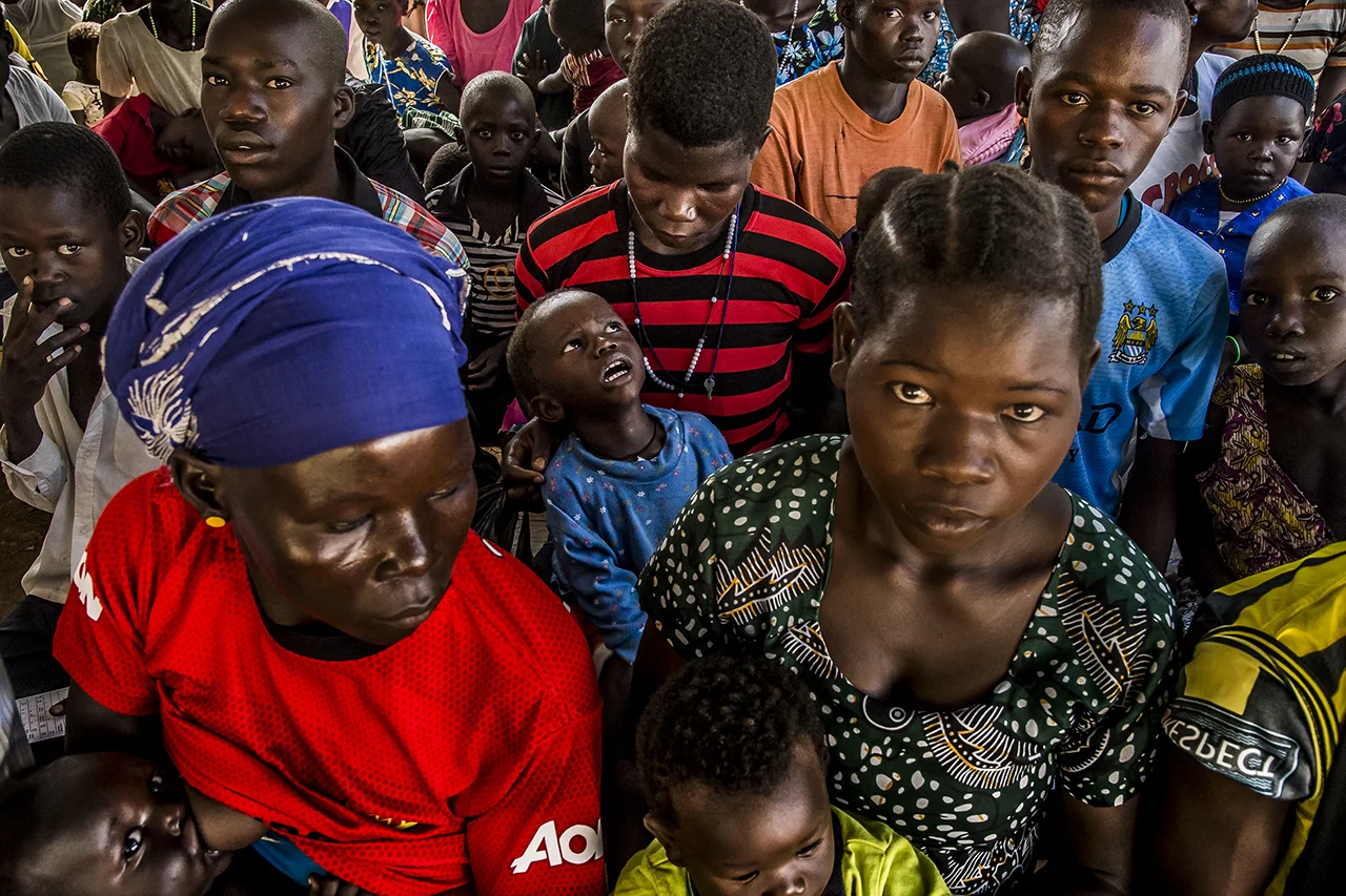 Waiting room of the outpatient department of a Médecins Sans Frontières health center in the Bidibidi settlement area.