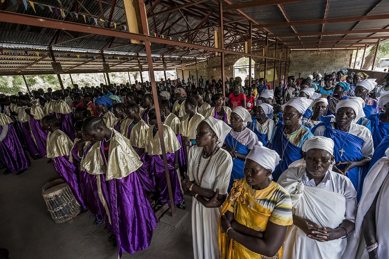 Sunday morning religious service in the St. Daniel Camboni Roman Catholic Church in Old Fangak, run by the Comboni Missionaries.