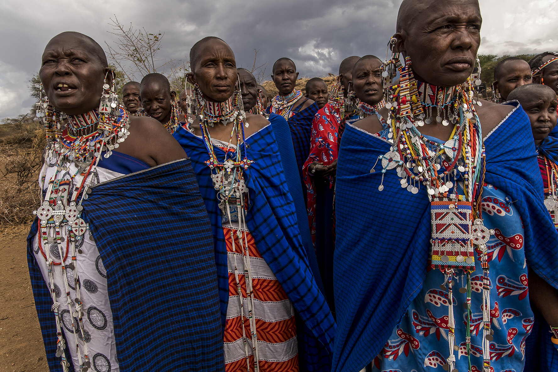 A group of female Masai elders in charge of a boma where Morans follow their initiation process. Un groupe d’anciennes Masai en charge d’un boma où des Morans effectuent leur initiation.