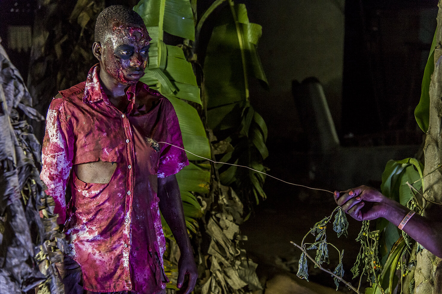  An actor is about to pull a fishing line attached to a condom full of food color, hidden under the bloody shirt of a zombie, for a special effect of blood geyser during the shooting of "Eaten Alive" a zombie like comedy movie. The production of « Ea