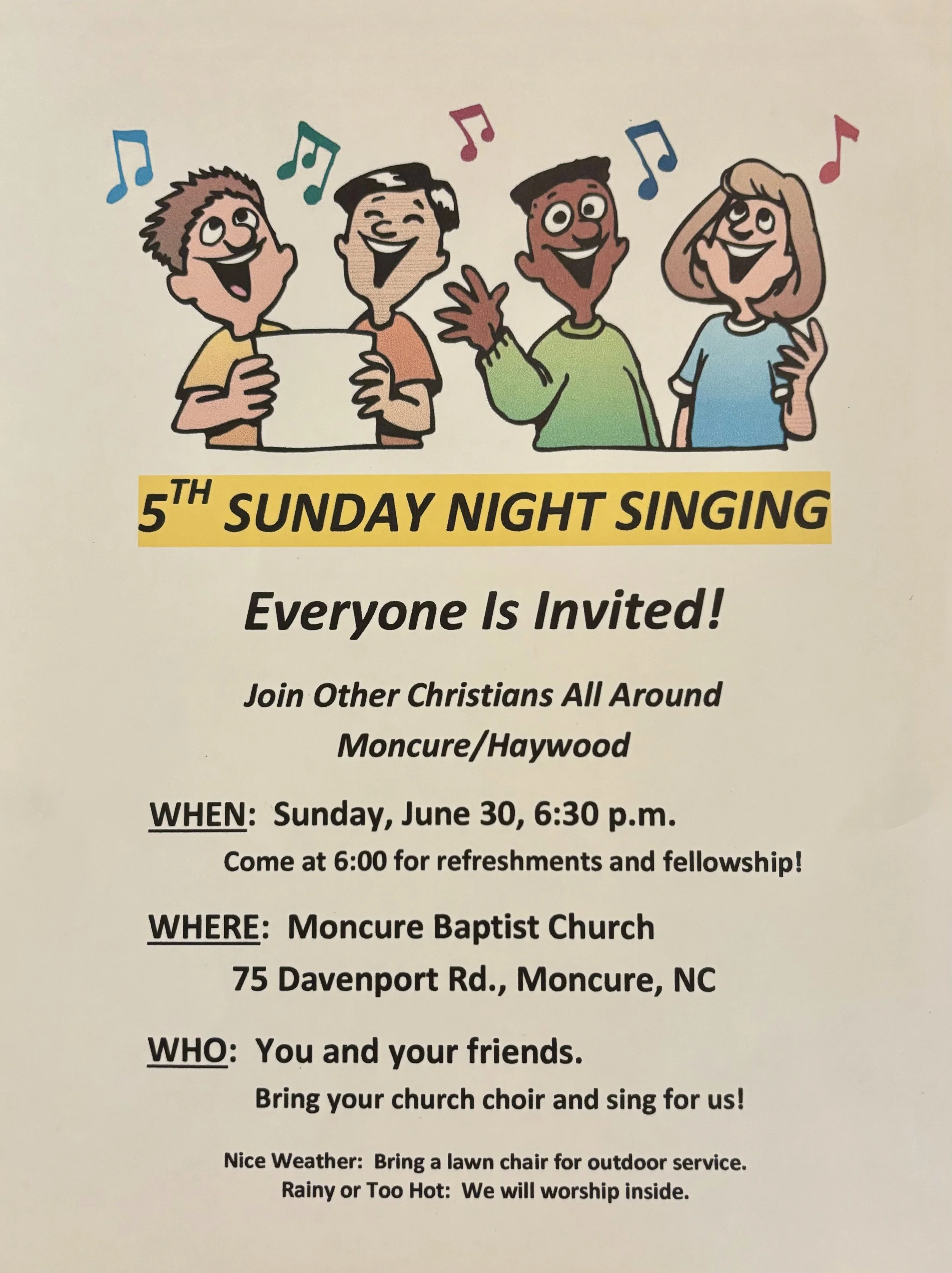 5th Sunday Night Singing at Moncure Baptist Church