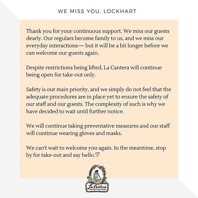 We will remain open for take-out only. We thank you for your support and understanding ❤️