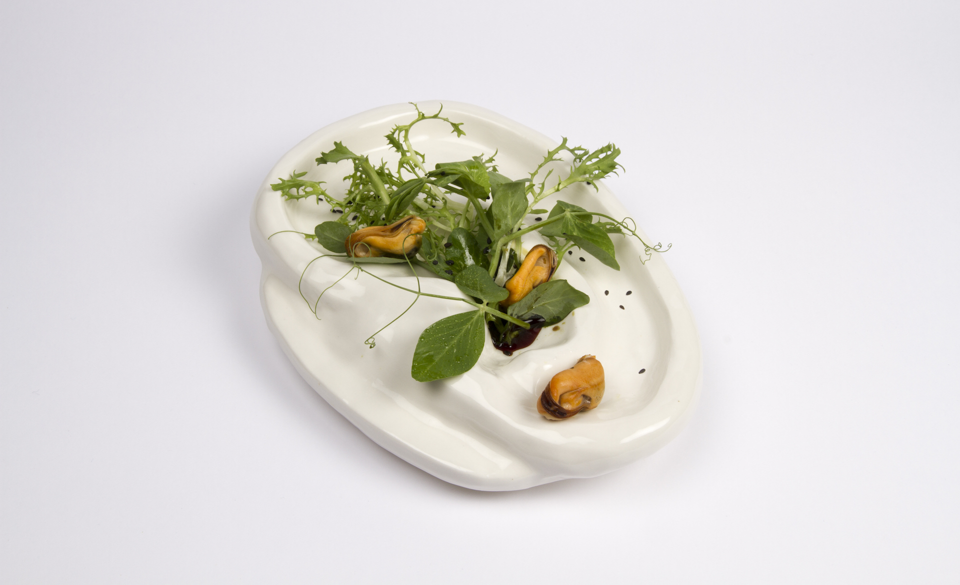 Soft and Easy Pleasure (Ear Salad) Mussels, pea sprouts, frisée lettuce, pumpkinseed oil, lemon, vinegar, porcelain