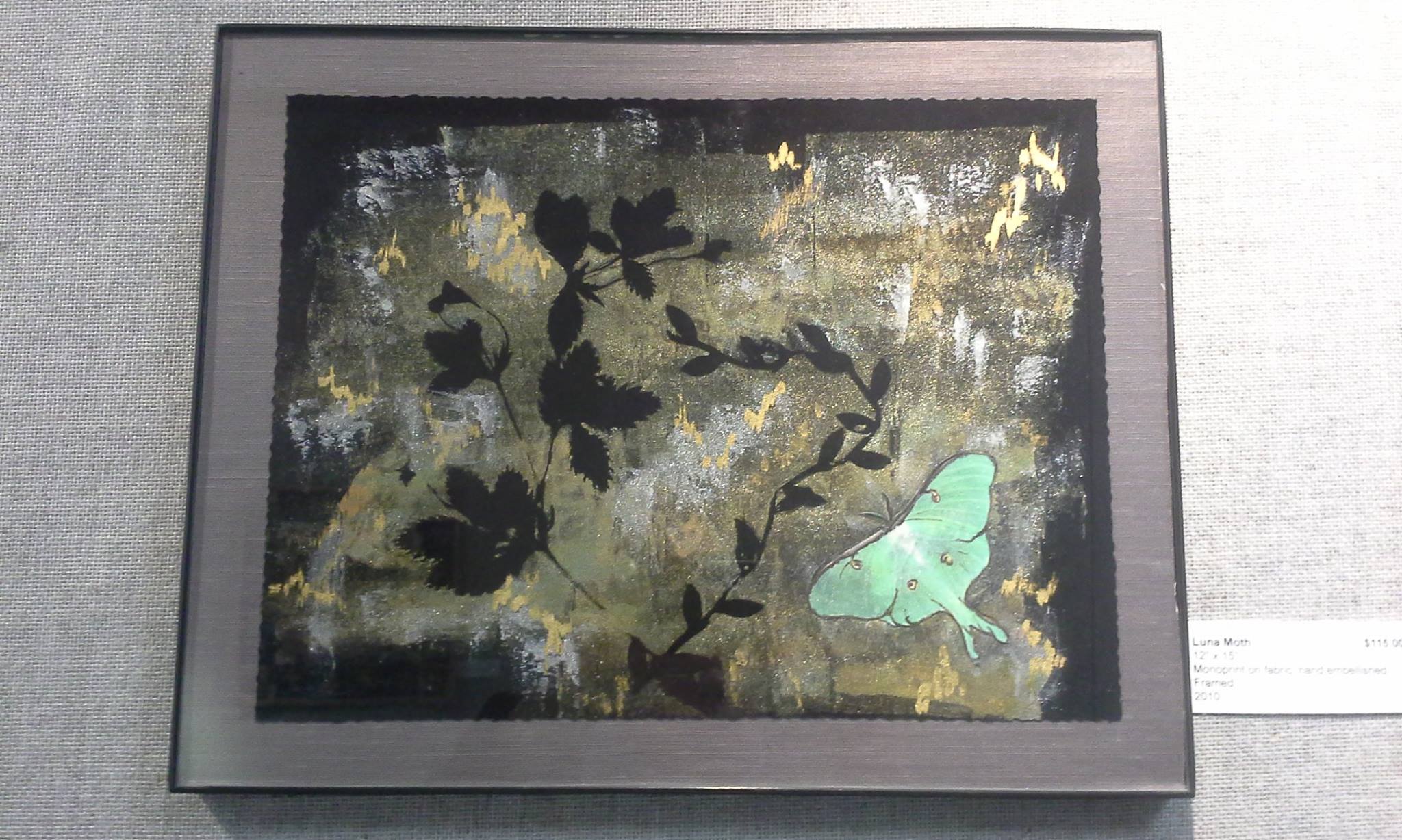 Luna Moth, by Kathryn Greenwold. Create similar designs in our Monoprinting on Fabric Workshop !