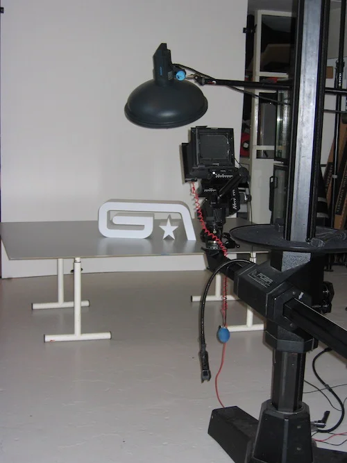 And action: the scale perspex model of the Groove Armada logo gets ready for its close up.