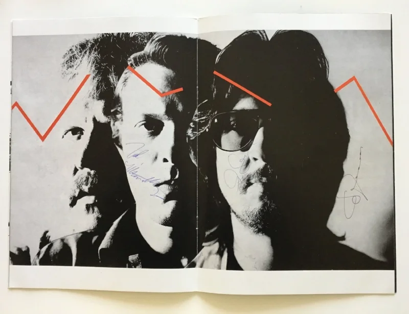 Brain wave: From the UK tour of 1981, the programme’s centre spread featured what might be described as the band’s recurring graphic motif, namely an electronic signal passing through the band’s foreheads. From left to right: Edgar Froese (founder), Johannes Schmoelling (the new guy), Christoph Franke. (Signed programme author’s own).