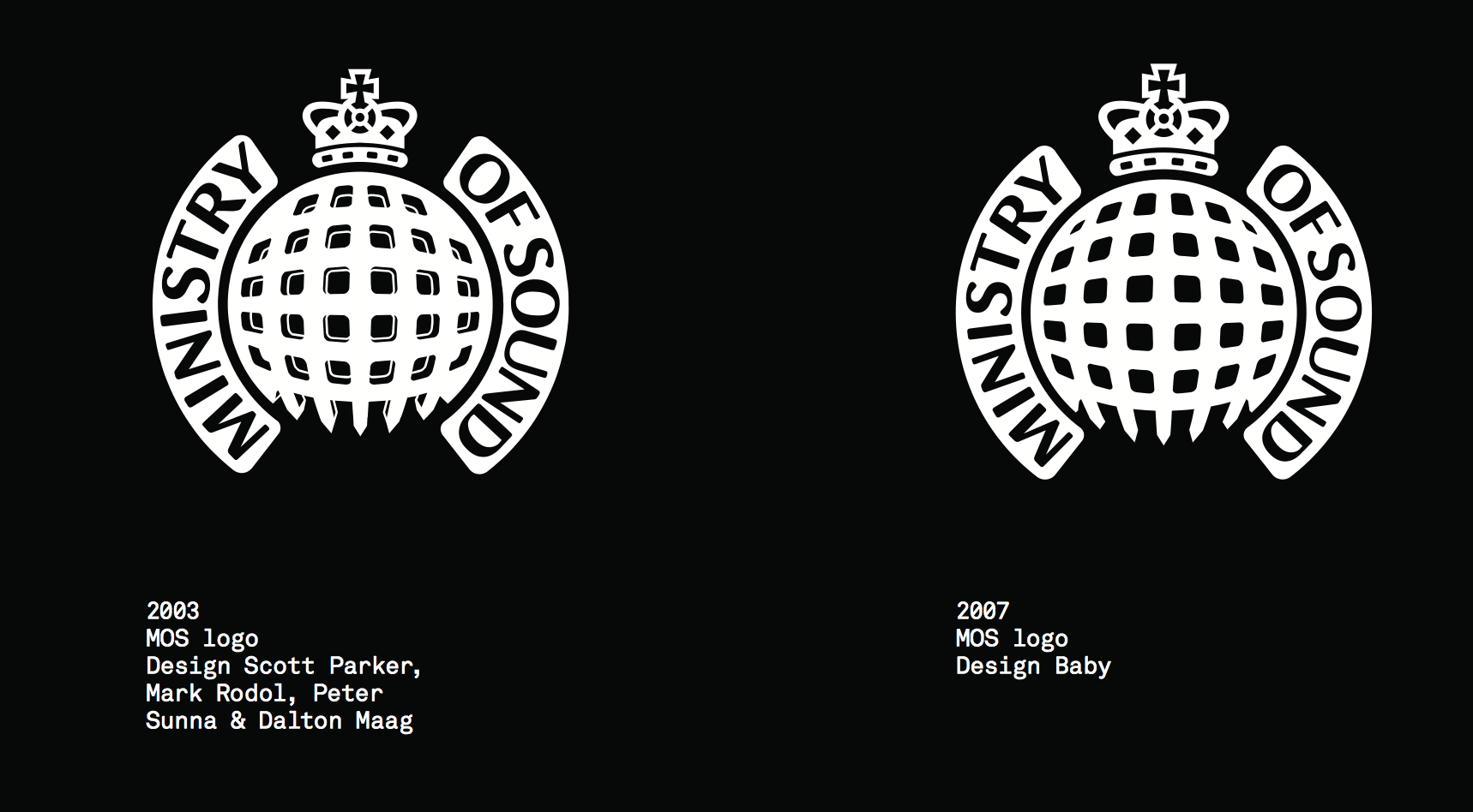 Fine tuning: Further iterations of the MoS logo appeared in the early 2000s, keeping faith with the original concept. These images are from Rick Bank’s book ‘Clubbed: A Visual History of Club Culture’. 