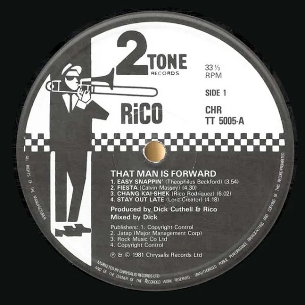 Roots and toots: There were several different variants of the Walt Jabsco logo. Here, for a Rico Rodriguez release, he’s picked up a trombone.