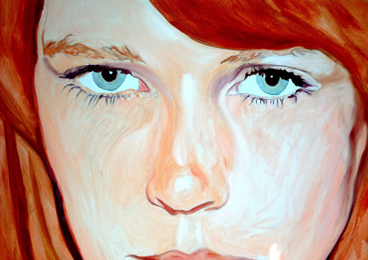 This is just the underpainting – the first layer of heavily diluted oil paint, washed on like watercolor to map out the shapes and forms.
Stephanie. 36"x48" oil on canvas, 2013.
