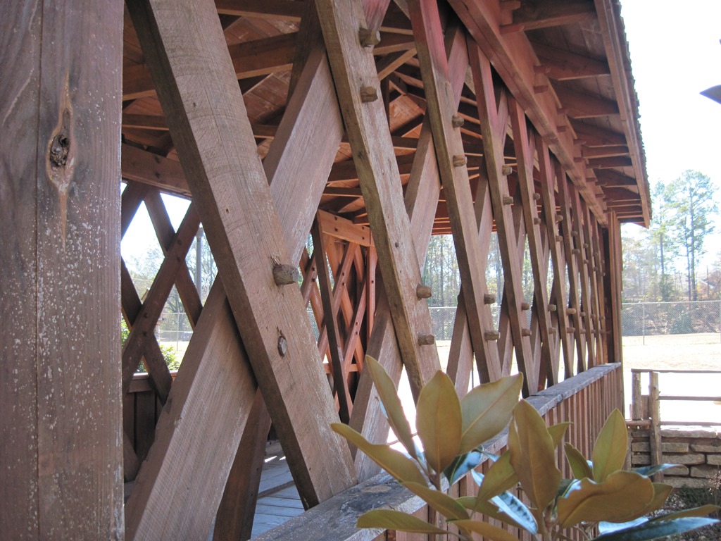 The Salem Shotwell covered bridge in Opelika, AL. A Town Lattice design. Notice the trunnels.