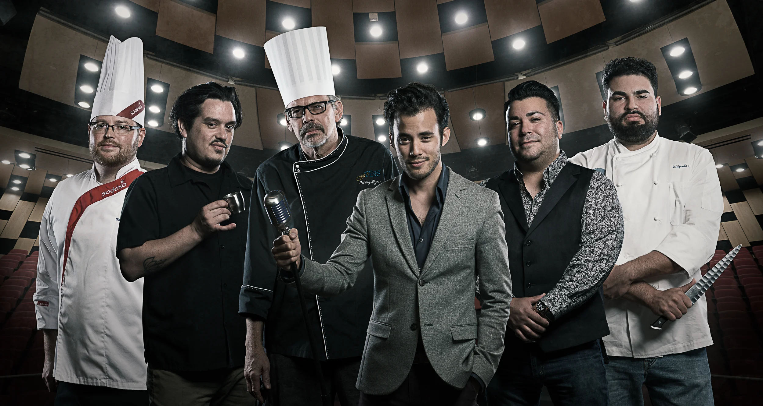 (From Left to Right) Chef Travis Johnson, Chef Octavio Ycaza, Chef Tenney Flynn, Creative Director David Castillo, Chef Phillip Lopez, & Chef Will Avelar. Photo Credit: Matthew & Becky Noel