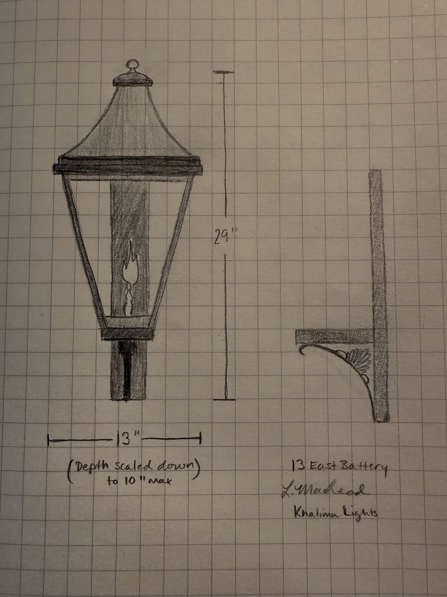 Back at home, we study the photos and measurements we took and begin to draw. In this case, the architects had a basic lantern shape in mind; so taking that shape, we sketched this for the front entry lanterns that will flank the door, tying in the s
