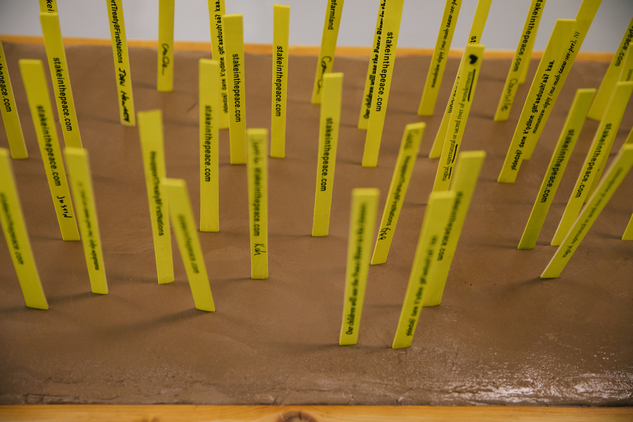 Bill Horne. Stakes in the Peace . 2017. Silkscreened wood, terracotta, reclaimed fir. 