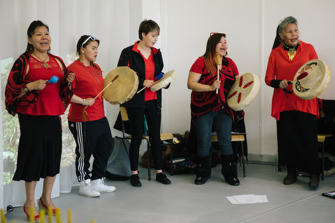 Khast'an Drummers performing at the opening of Disturbances in the Field. Photo by Denis Gutiérrez-Ogrinc. 