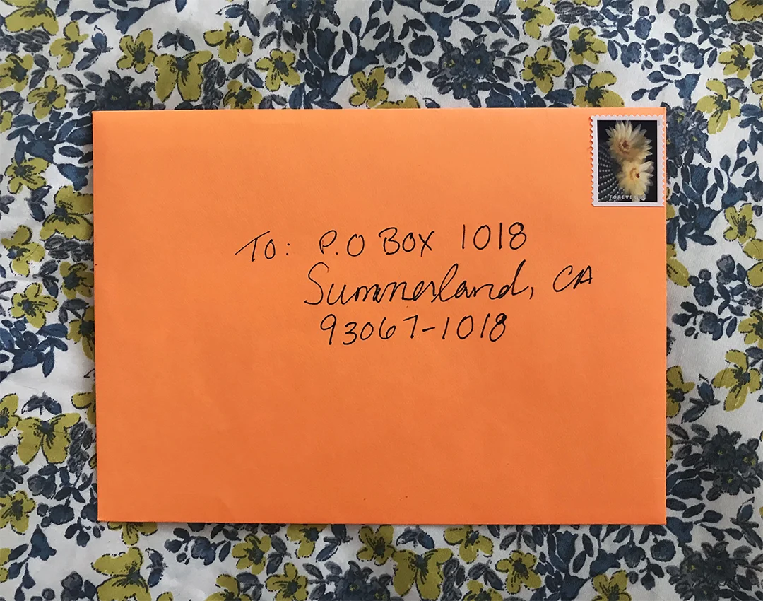 Letter addressed to the P.O. Box in Summerland, California. 2019. Photo by Renée Reizman.