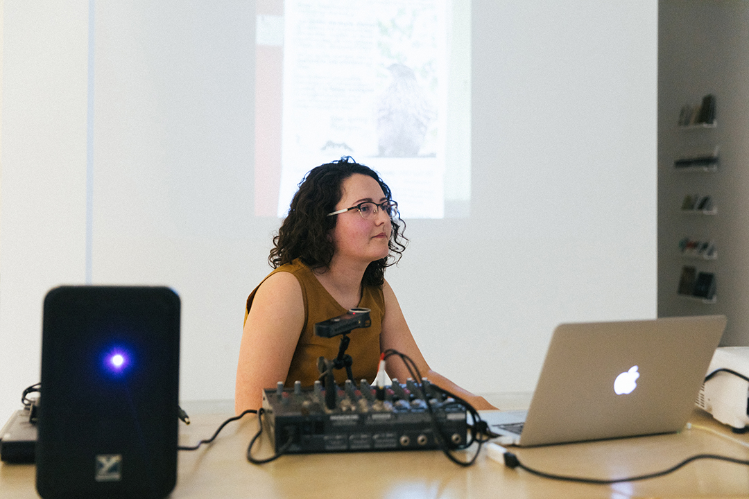 Laurie White presenting a talk, “Polyphonic Assemblage: A Musical Toolkit for Ecological Perception.” June 17, 2019.