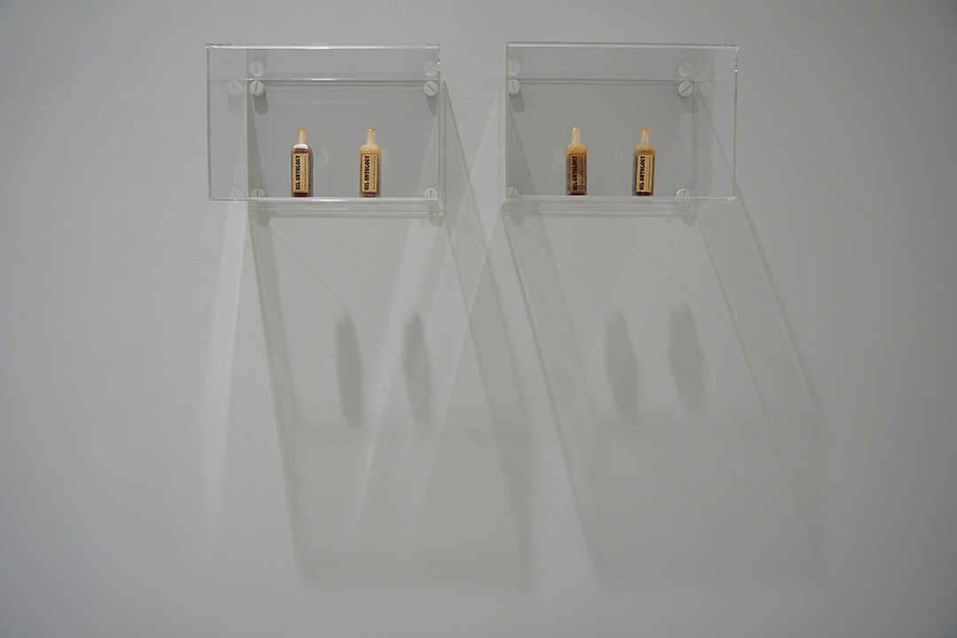 Elia Vargas. Oil Ontologies . 2017. PLA 3D printer filament and “Crudoleum” 100% Pennsylvania crude oil scalp treatment.