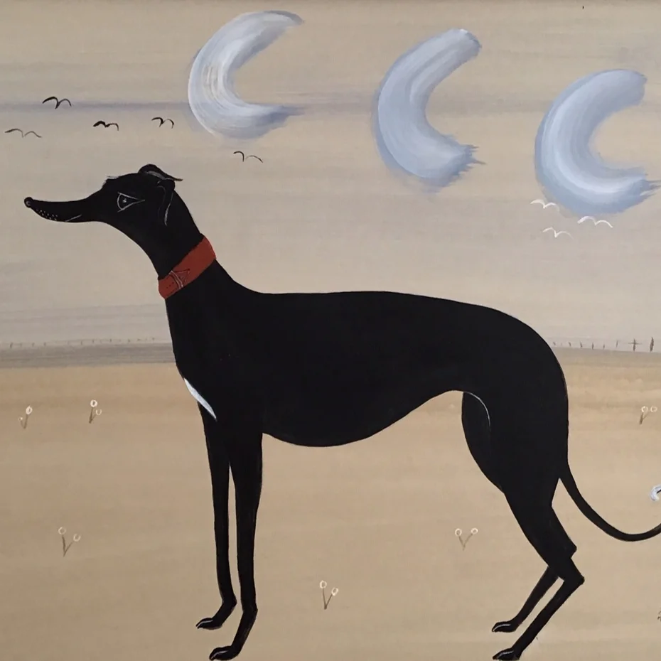 A black lurcher with red collar | SOLD