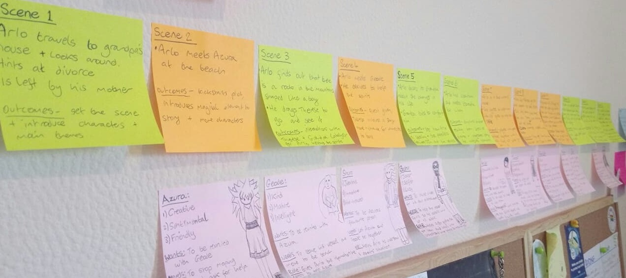 Ceire plans out the structure of her short story with colour-coded post-its.
