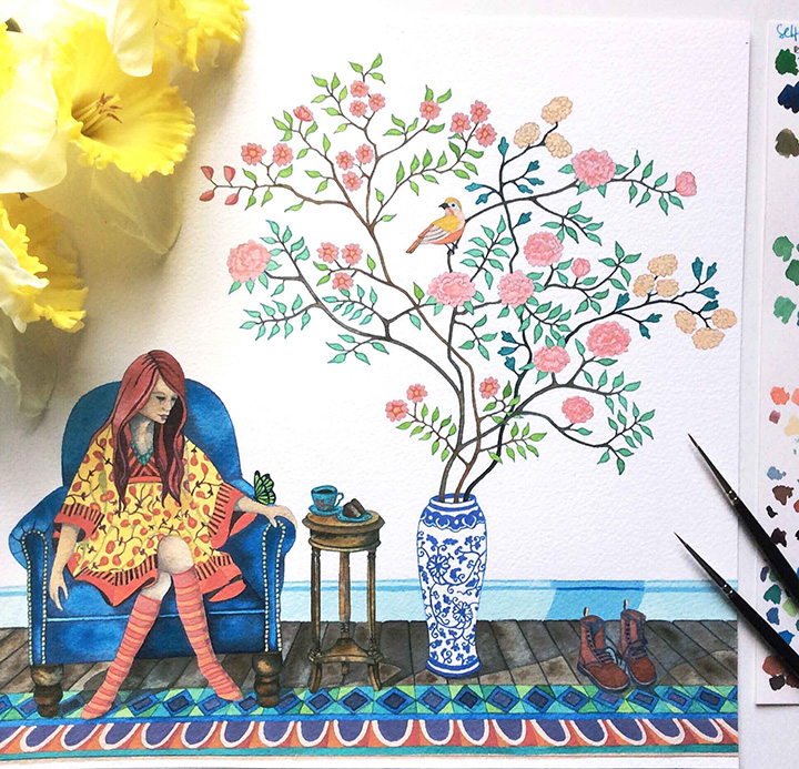 Watercolour painting of Girl Sitting in Chair with Chinoiserie