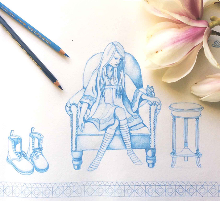 Blue & White Pencil Drawing of Woman Seated