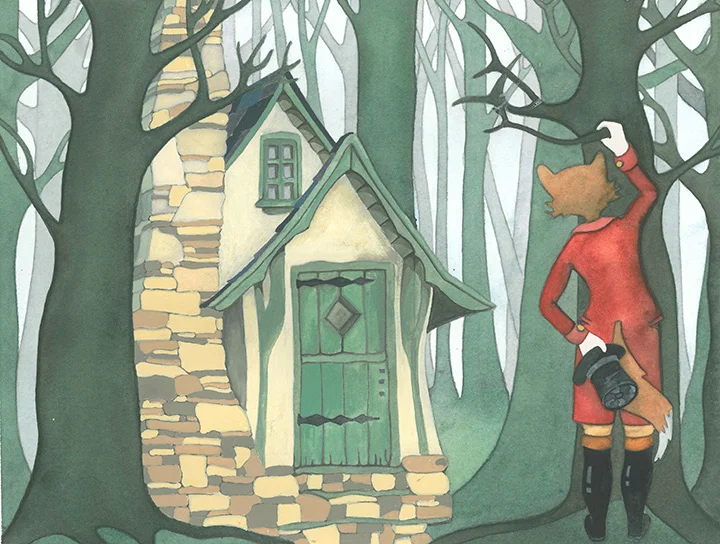 Anthropomorphic Fox in Regency Clothes Looking at Cottage in Woods