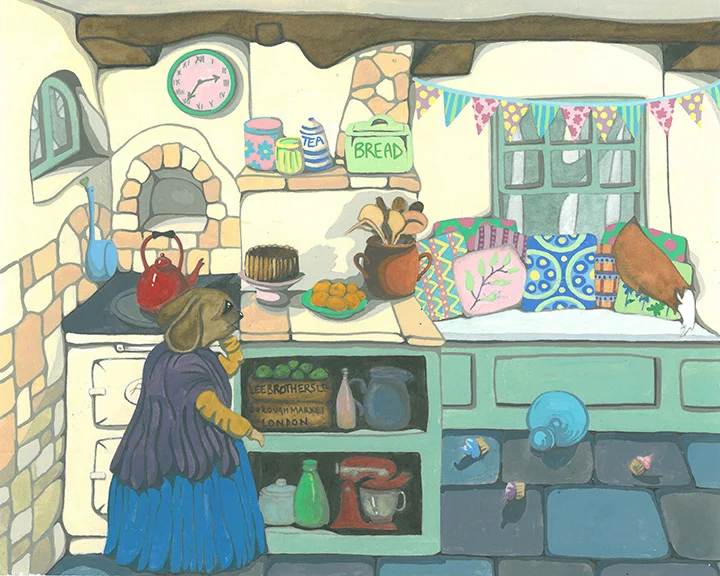 Anthropomorphic Mouse Dressed in Shabby Chic Cottage Kitchen Gouache & Watercolour Painting