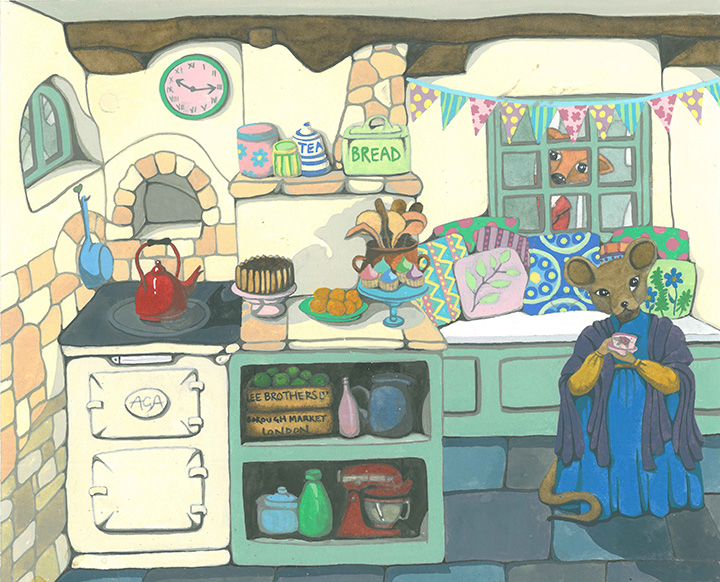 Anthropomorphic Mouse in Shabby Chic Cottage Kitchen with Aga Watercolour Painting
