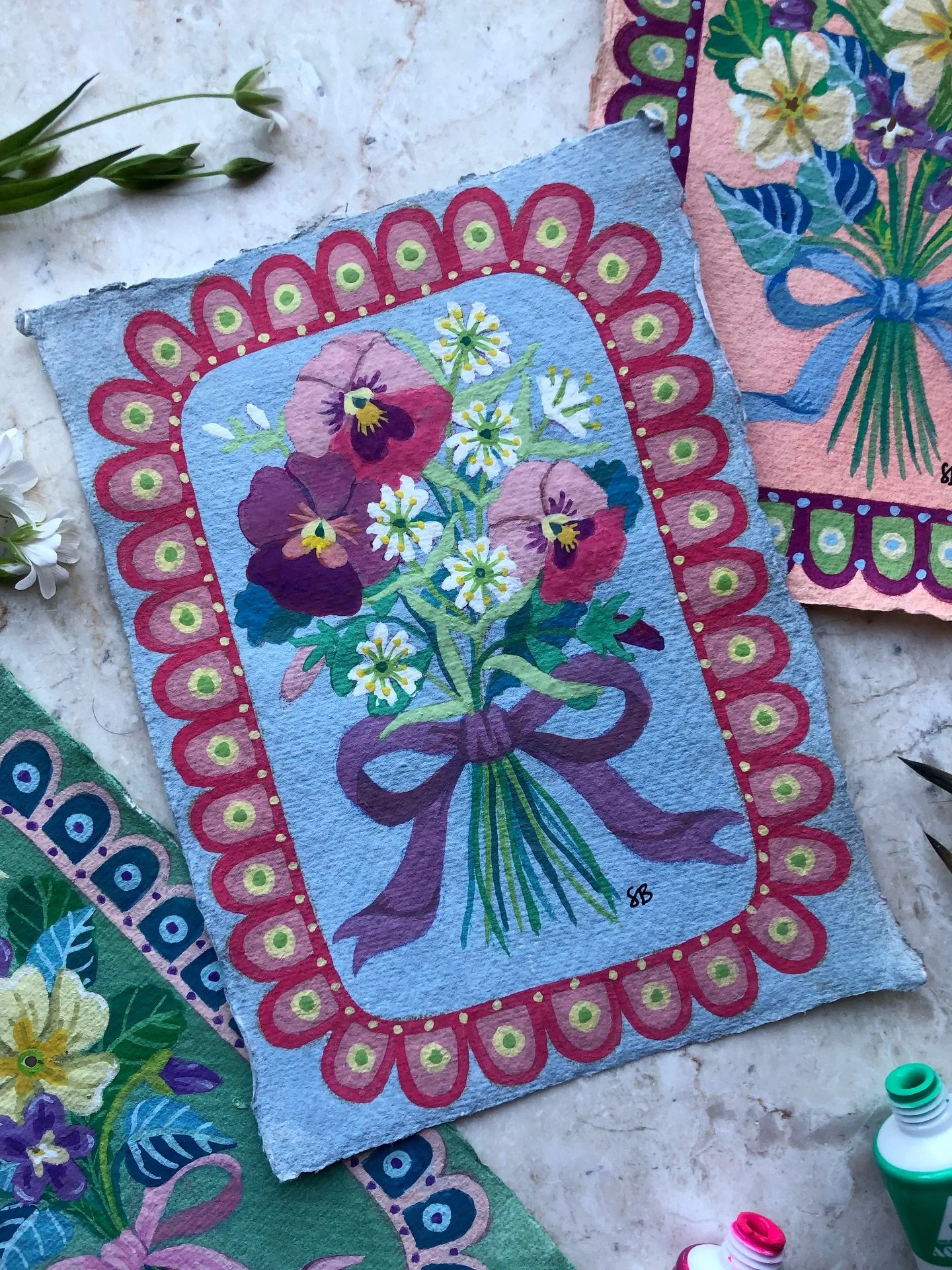 A small painting of pansies and greater stitchwort on this beautiful full pink moon 🌝 

Pansies are traditionally associated with thought, their name comes from the French &lsquo;pensee&rsquo; meaning &lsquo;to think&rsquo; and they were given as a 