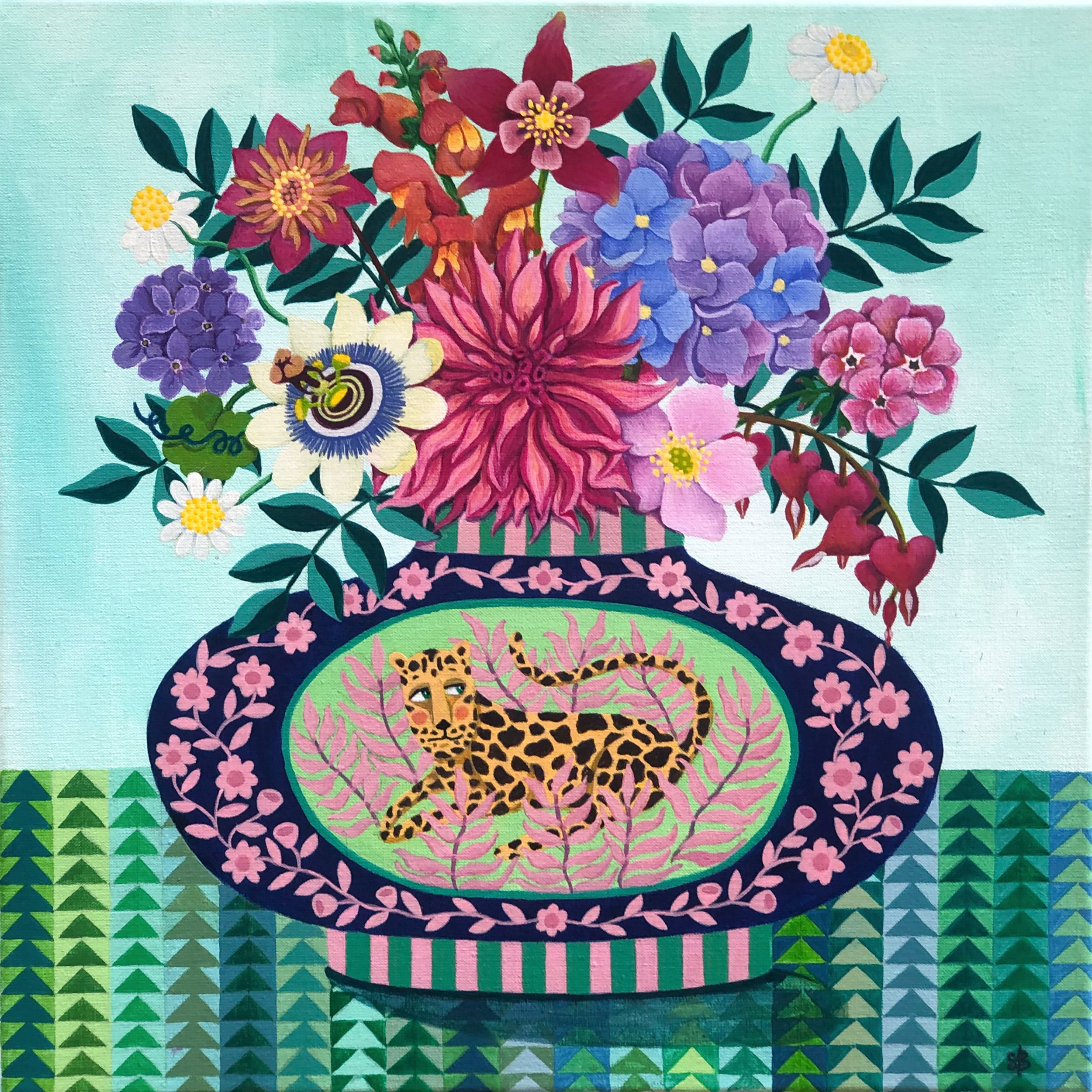 Observer of the Hidden Realms, a richly coloured acrylic painting on linen featuring a decorated leopard vessel, abundant flowers and a green geometric patterned tablecloth.