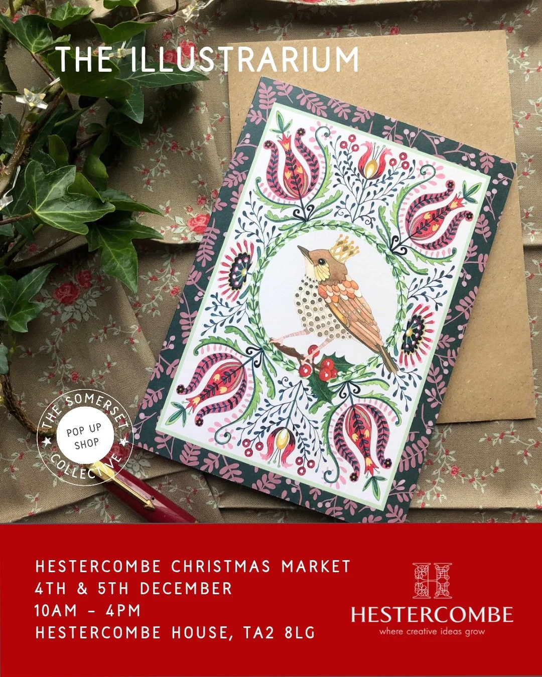 Promotional image for The Illustrarium at the Hestercombe Christmas Market with The Somerset Collective, taking place 4–5 December 2026 at Hestercombe House, Taunton.