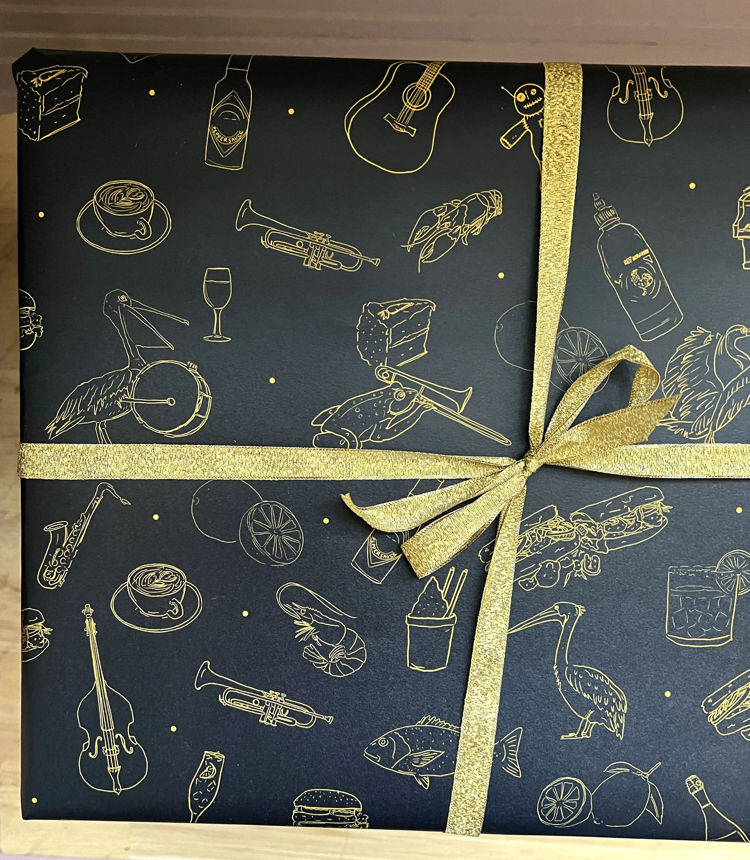 New Orleans Wrapping Paper Night Illustrations Black and Gold