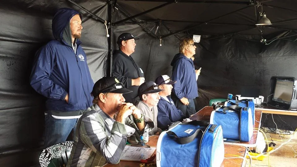 Brandon Russell (standing), Barry Pasonski, Chip hall, Travis Williams, Chris Burnette, and Tom Leonik at ESA Easterns in Outer Banks, NC in 2014Photo: David Portch