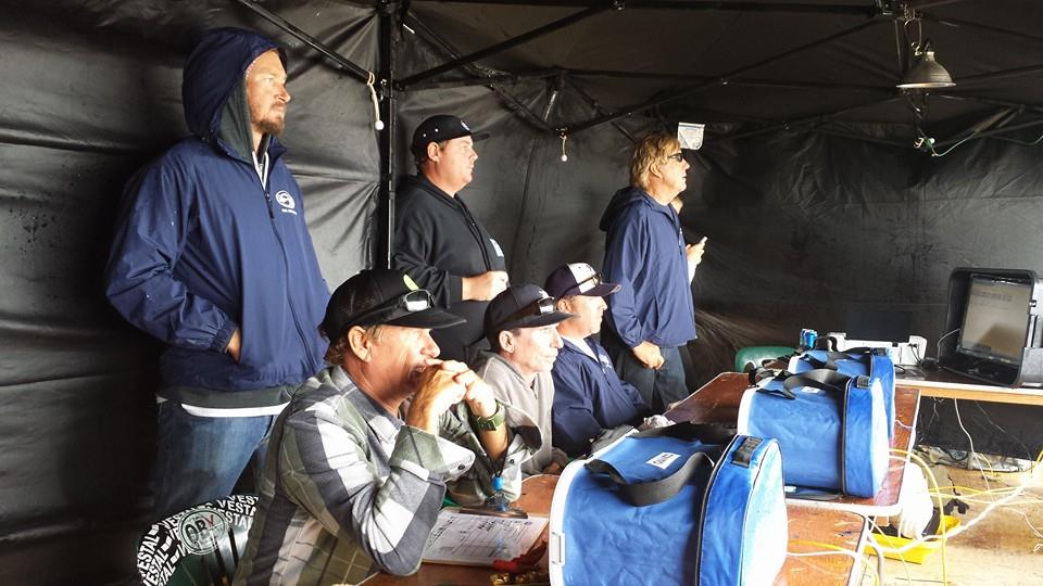 Brandon Russell (standing), Barry Pasonski, Chip hall, Travis Williams, Chris Burnette, and Tom Leonik at ESA Easterns in Outer Banks, NC in 2014 Photo: David Portch