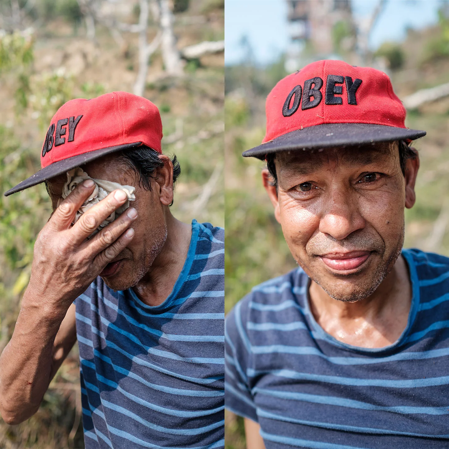 Portrait of Nepali farmer Ganga wiping sweat from his face and looking into the camera — human connection photography from Nepal by Oliver Maximilian, KULTURHYBRID®