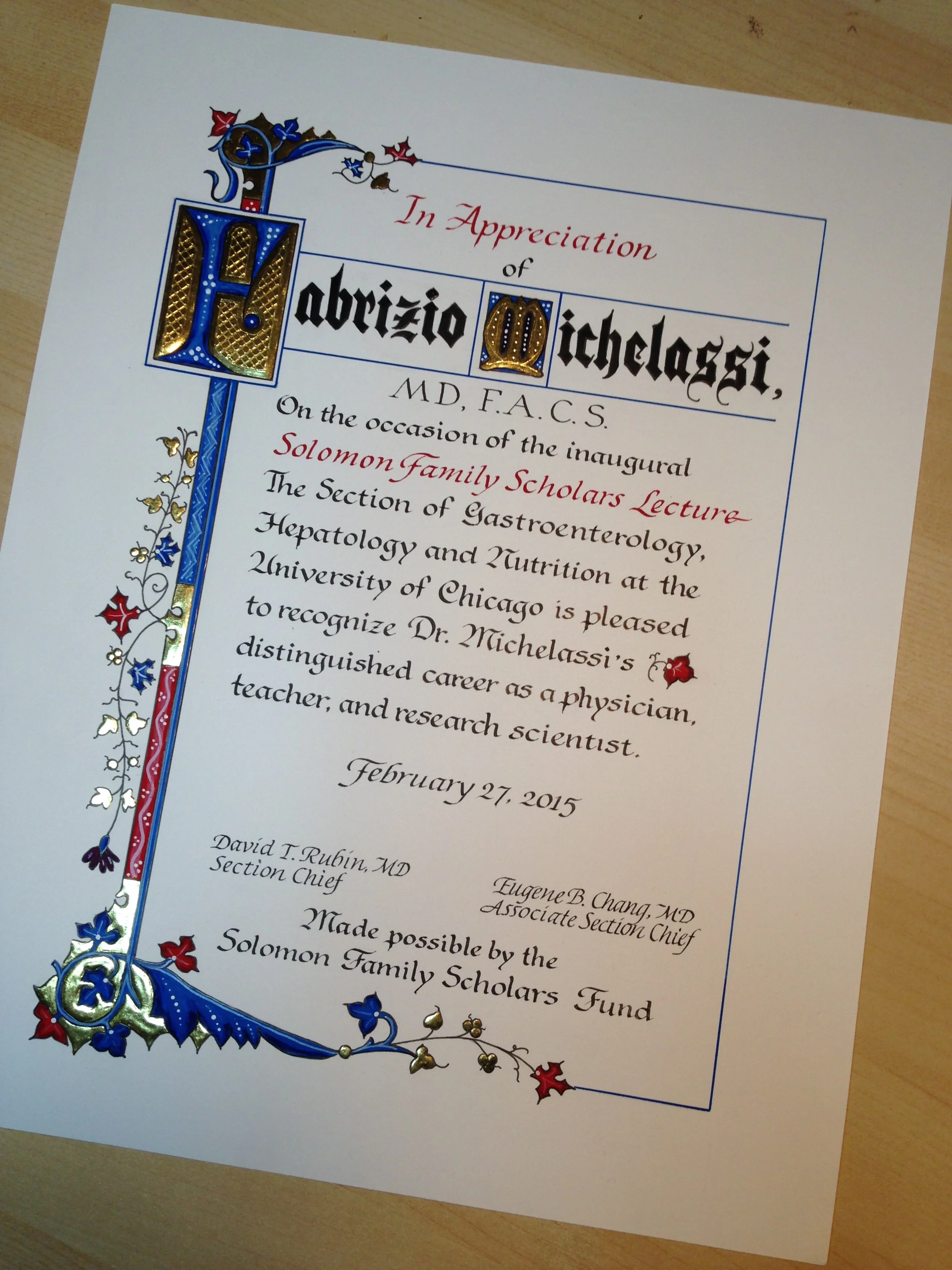 Certificate of Honor, University of Chicago commission