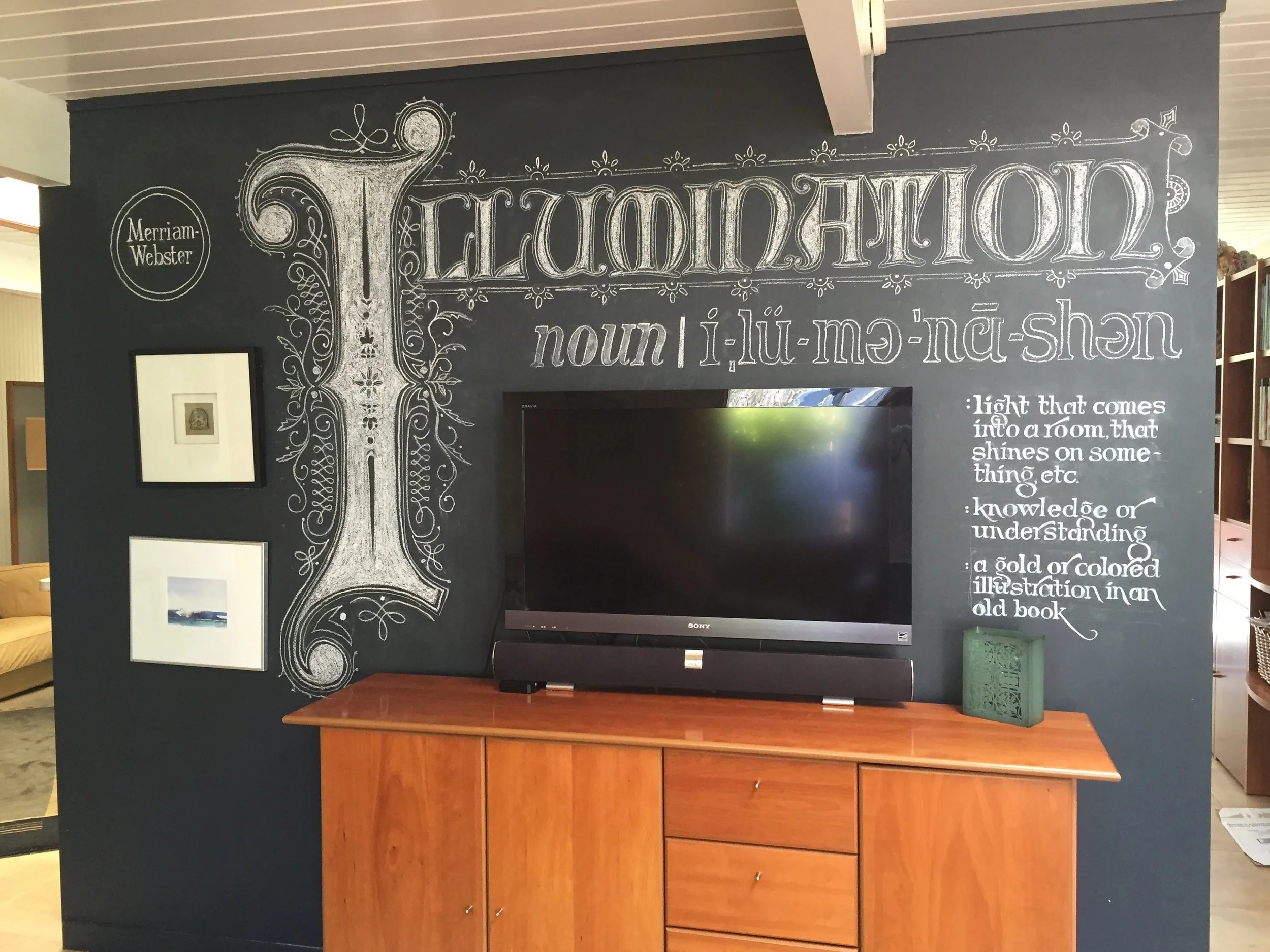 Chalk wall installation for calligraphy class in private home