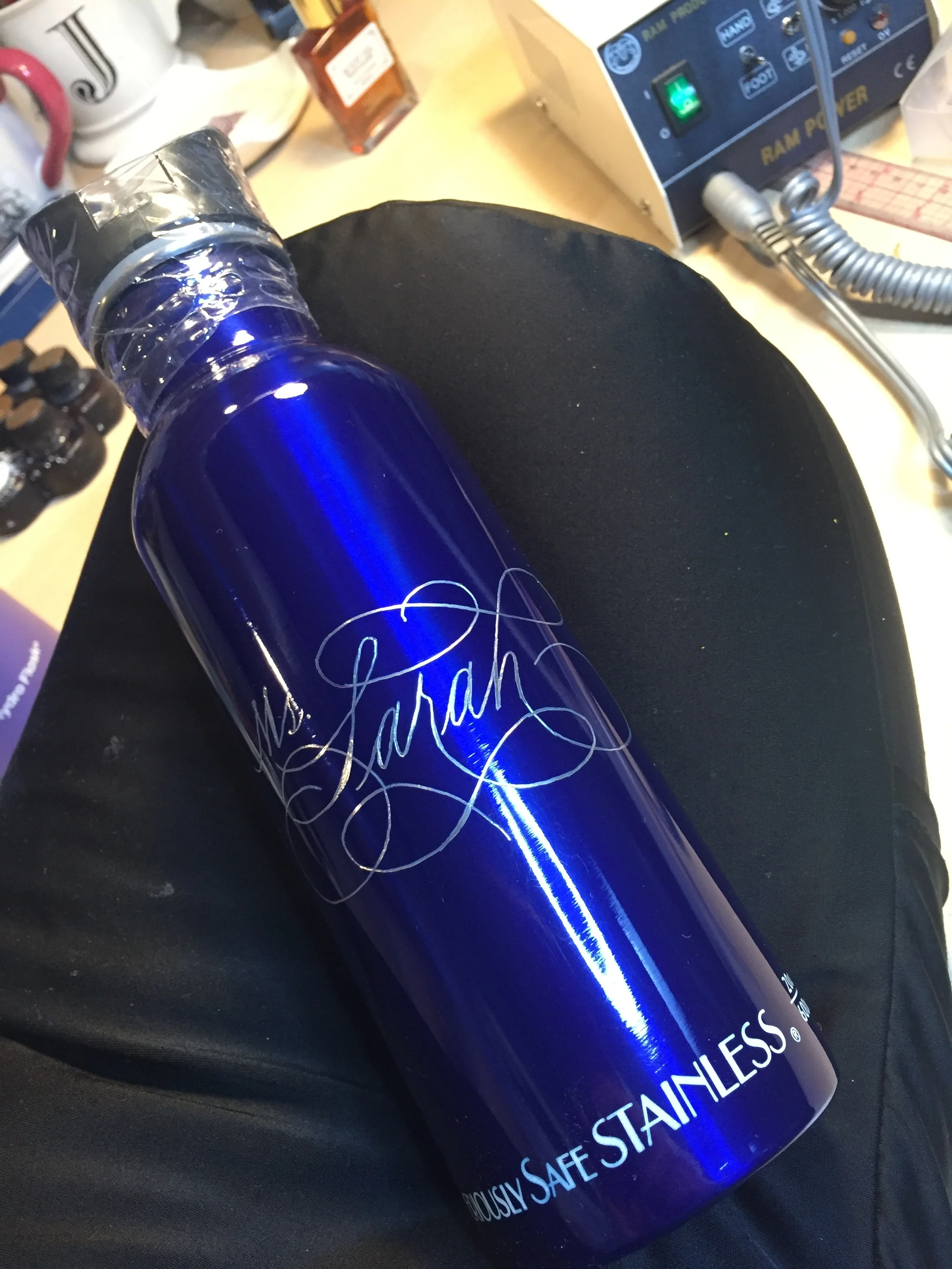 "Sarah" engraved on stainless steel water bottle