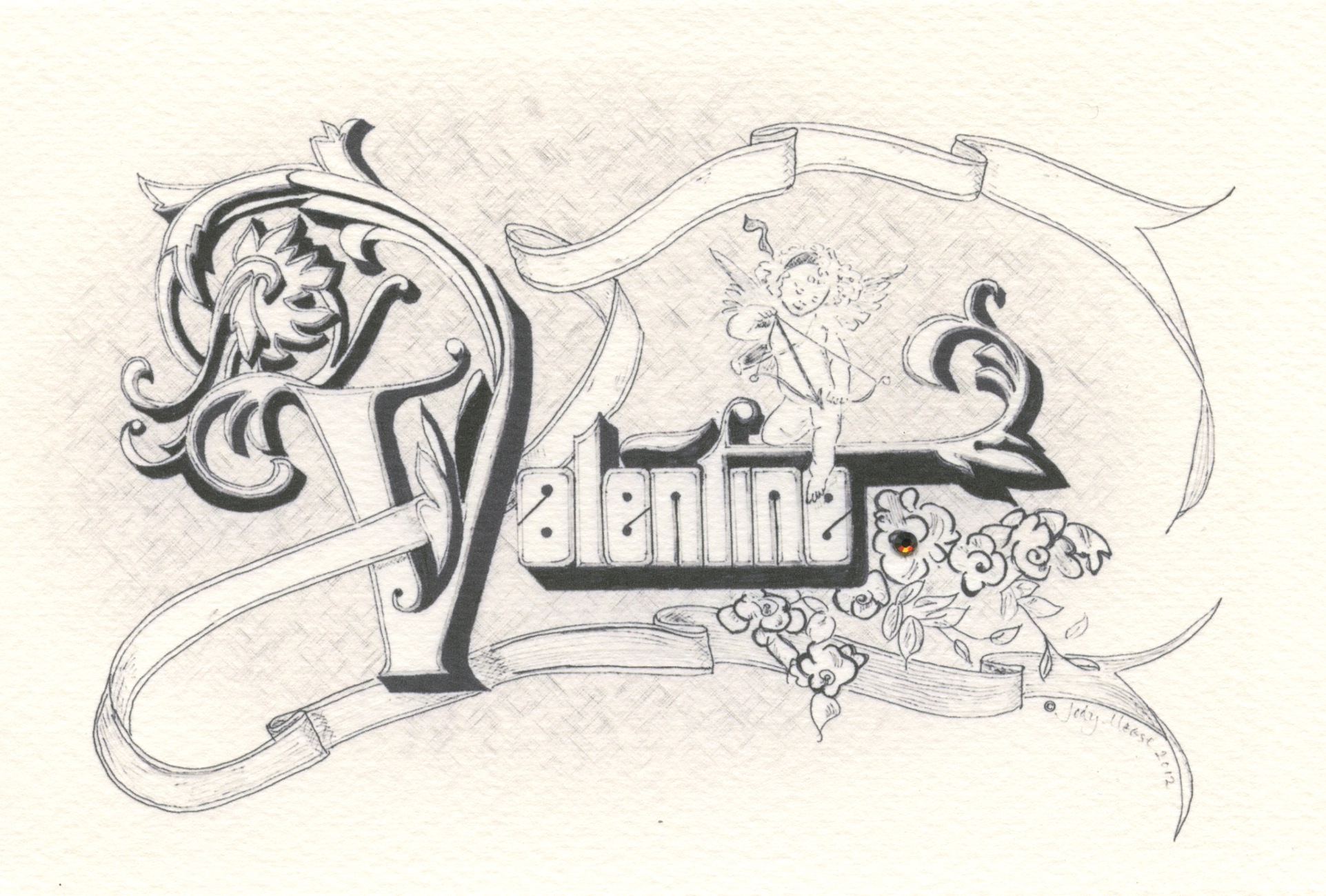 Valentine Card, Sickels Lettering with crystal accent