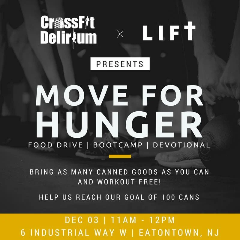 Join us Saturday Dec 3rd @ 11 am as we host a canned food drive with Crossfit Delirum. Bring In some canned goods and get a free "bootcamp" workout. At 12pm we will get together for a mini devotional. Let's reach our goal of a 100 cans !! All canned goods will be donated to the "Move for Hunger" foundation. All are welcome and we Hope to see you there