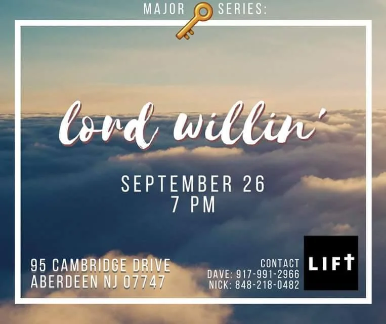LIFT is back Monday 9/26 ! The topic will be understanding God's Will and his specific plans for our lives. Since it's Monday night football come wearing your favorite teams' apparel !! Wings and Tacos after !! Hope to see you there!