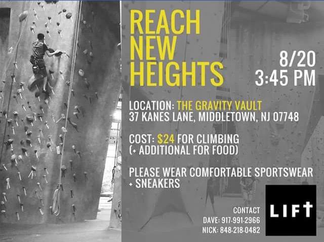 LIFT is back!! Please join us August 8/20 for our first rock climbing session @ 3:45! We will have our group discussion right after and snacks will be provided. We are excited And hope you can make it !!! Any questions please do not hesitate to ask