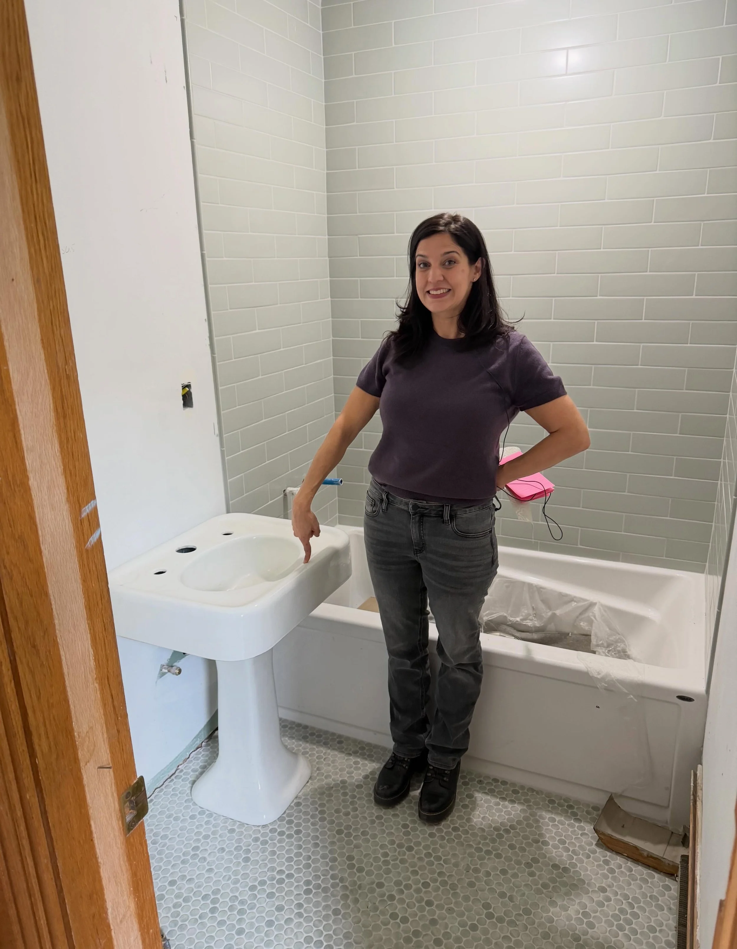 Sometimes you encounter unexpected on-site surprises like a teeny tiny beautiful pedestal sink. 
#mansionmakeover #livelorelai #storytellingwithstyle