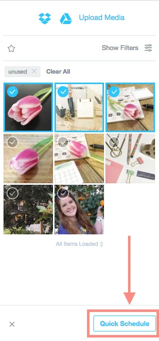 Select multiple images you've uploaded to your Media Gallery, and at the bottom, select Quick Schedule .